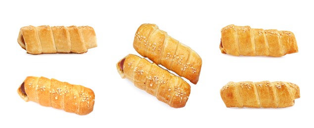 Collage of tasty sausages in dough on white background