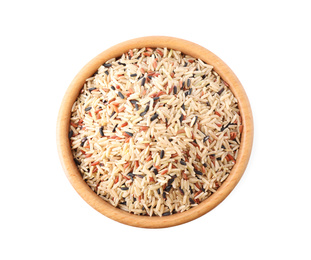 Photo of Mix of different brown rice in wooden bowl isolated on white, top view