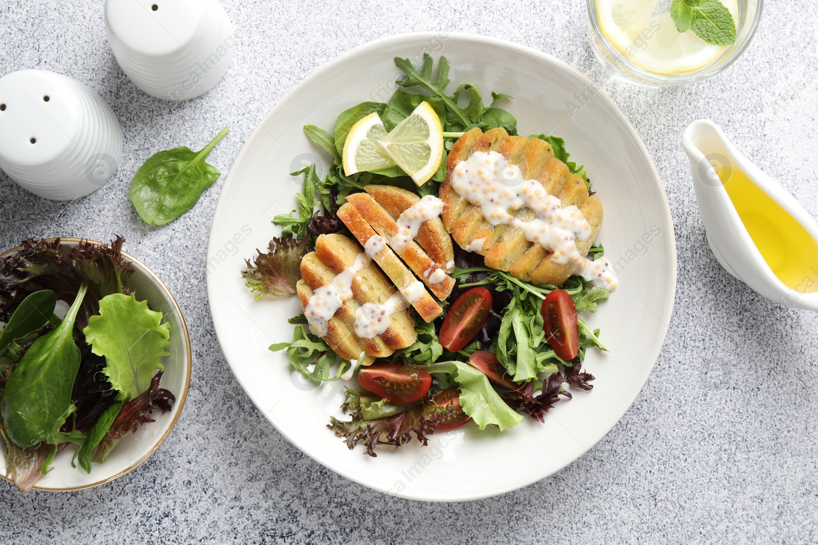 Photo of Flat lay composition with healthy dish high in vegetable fats on light textured table