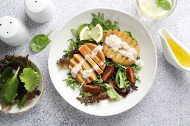 Photo of Flat lay composition with healthy dish high in vegetable fats on light textured table