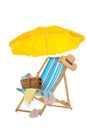 Open yellow beach umbrella, deck chair and accessories on white background
