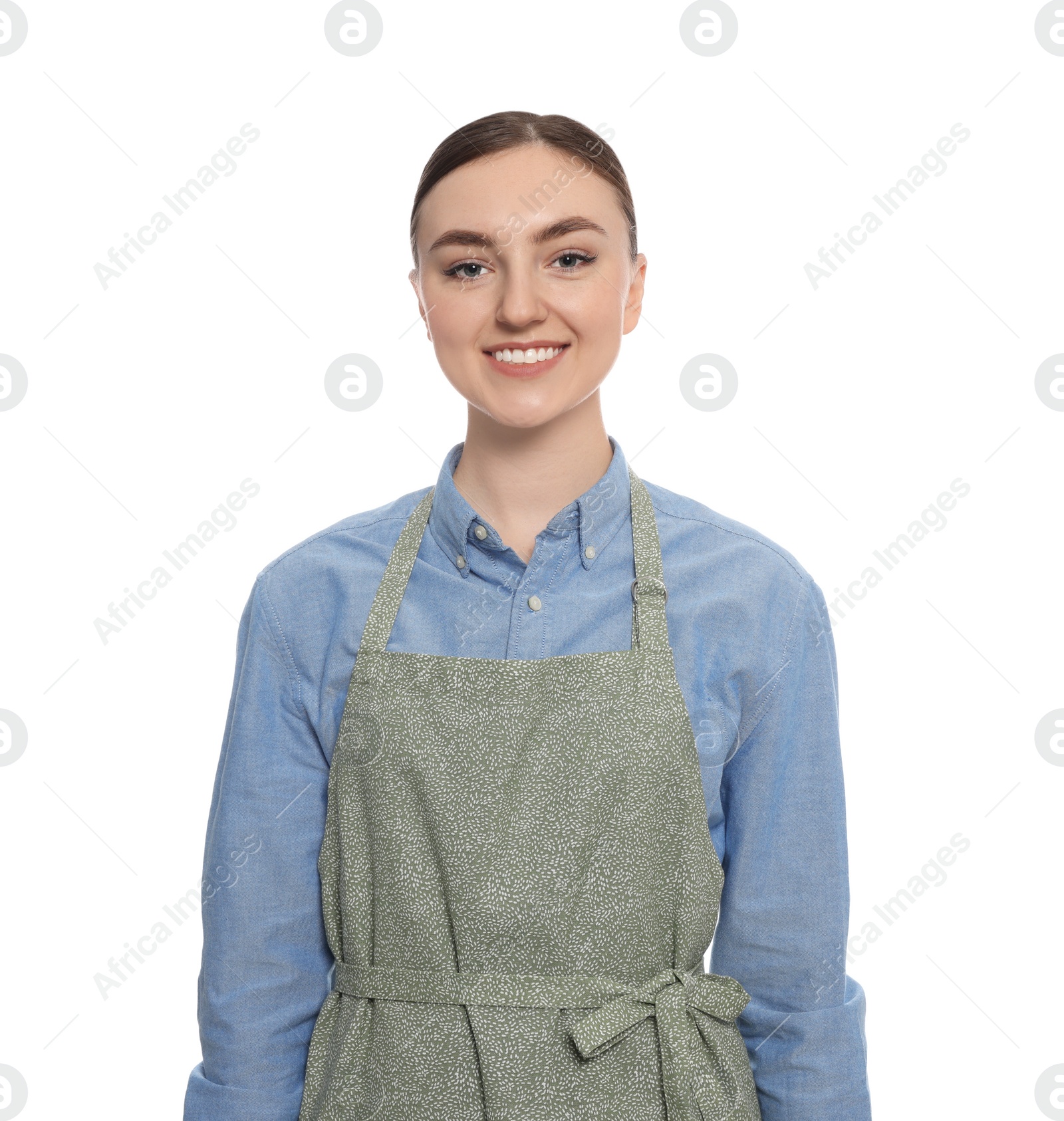 Photo of Beautiful young woman in clean apron on white background