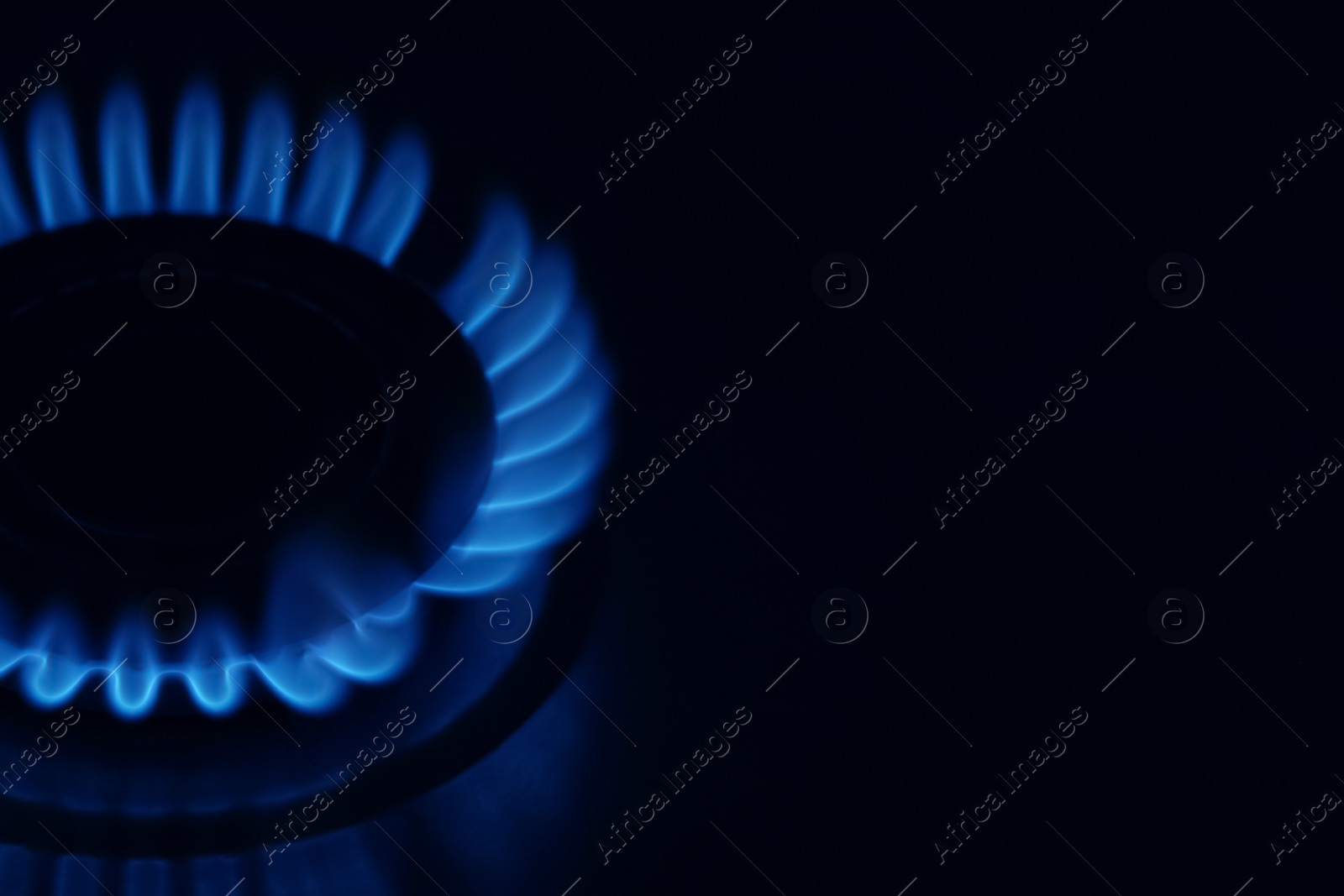 Photo of Gas cooktop with burning flame in darkness, closeup. Space for text