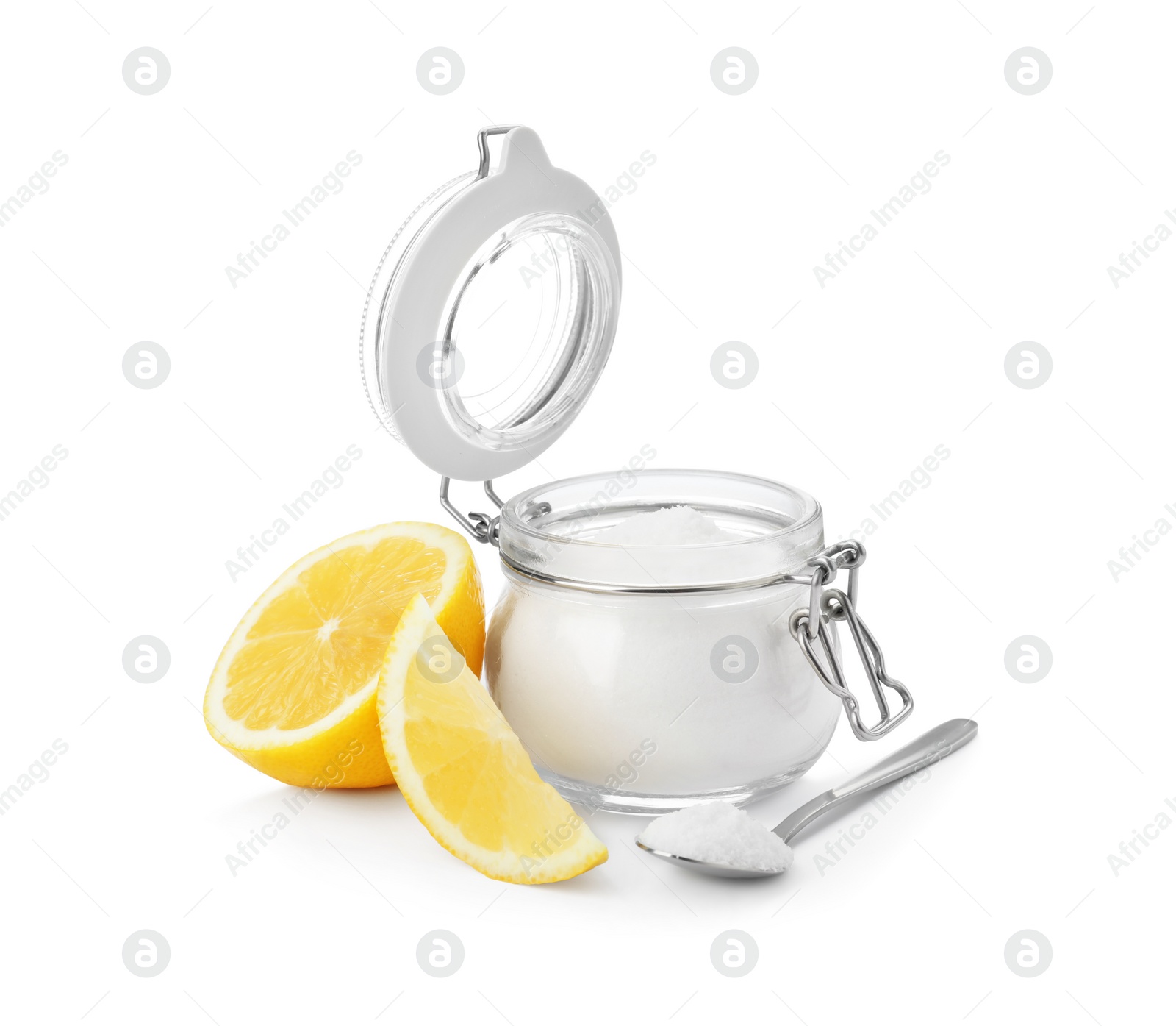 Photo of Baking soda and cut lemon on white background