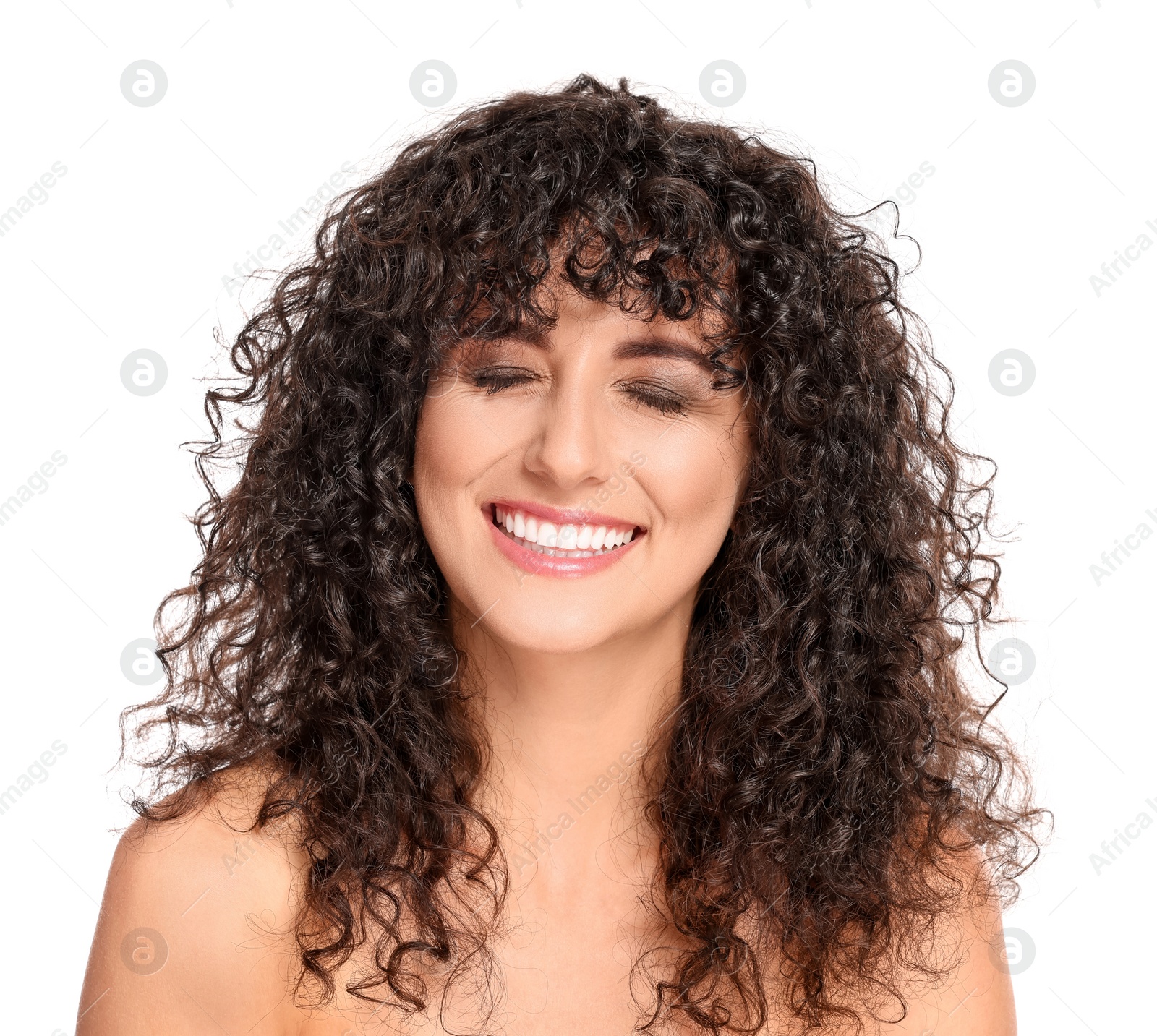 Photo of Beautiful young woman with long curly hair on white background