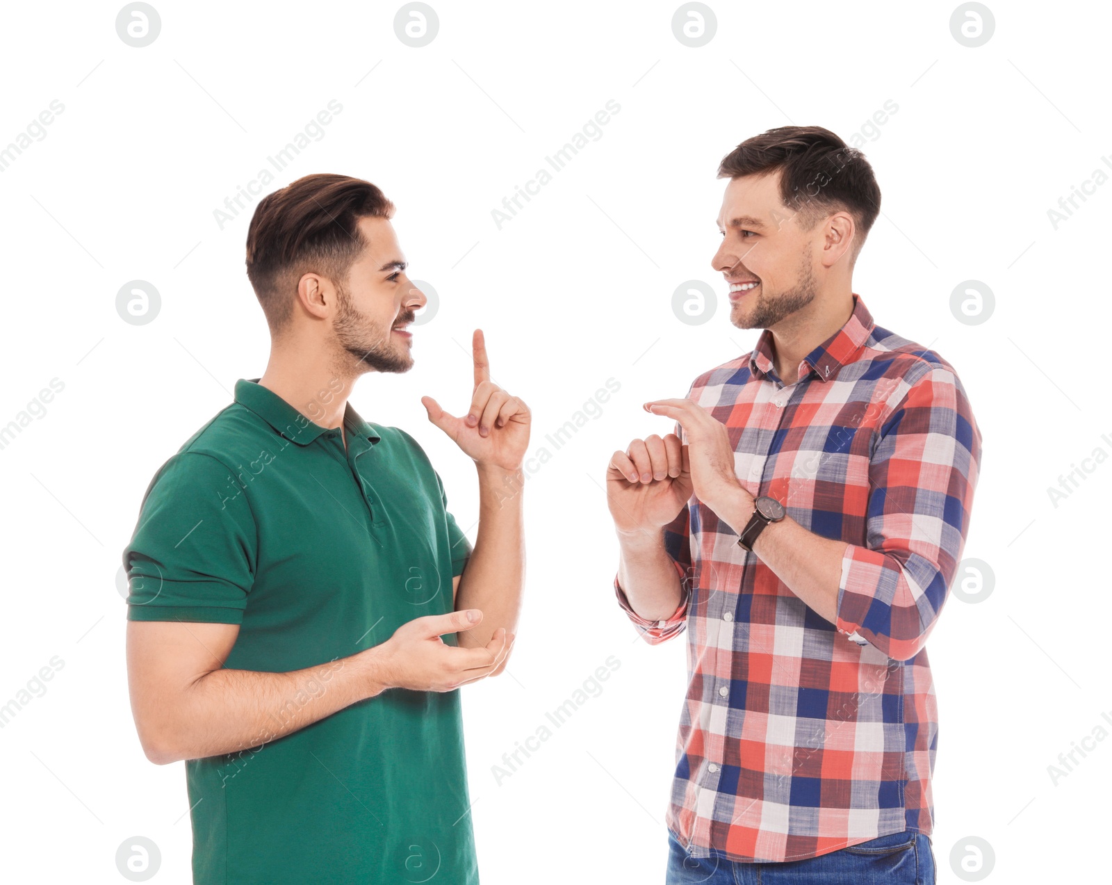 Photo of Hearing impaired friends using sign language for communication isolated on white