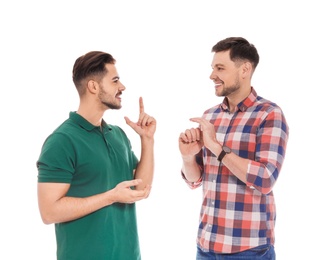 Hearing impaired friends using sign language for communication isolated on white