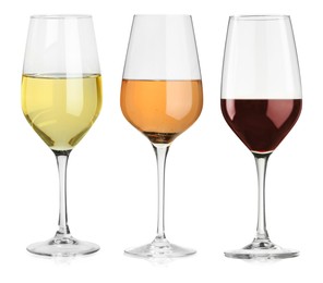 Glasses of white, rose and red wine isolated on white