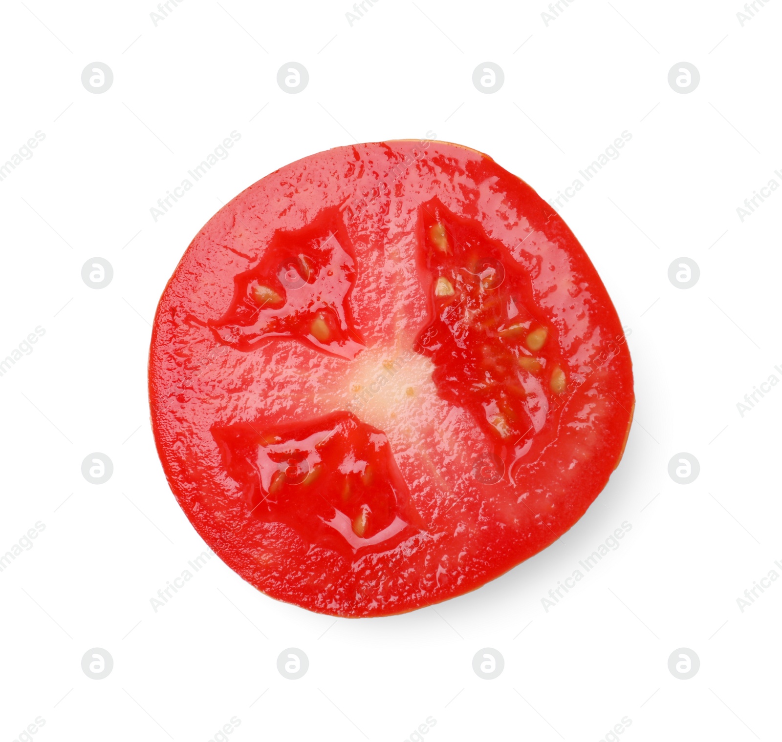 Photo of Slice of fresh ripe tomato isolated on white, top view