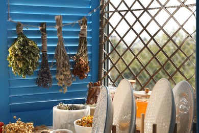 Many different dry herbs, flowers and plates on table near window