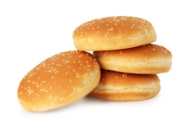 Photo of Many fresh hamburger buns isolated on white