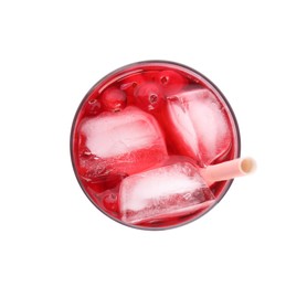 Photo of Tasty refreshing cranberry cocktail with straw isolated on white. top view