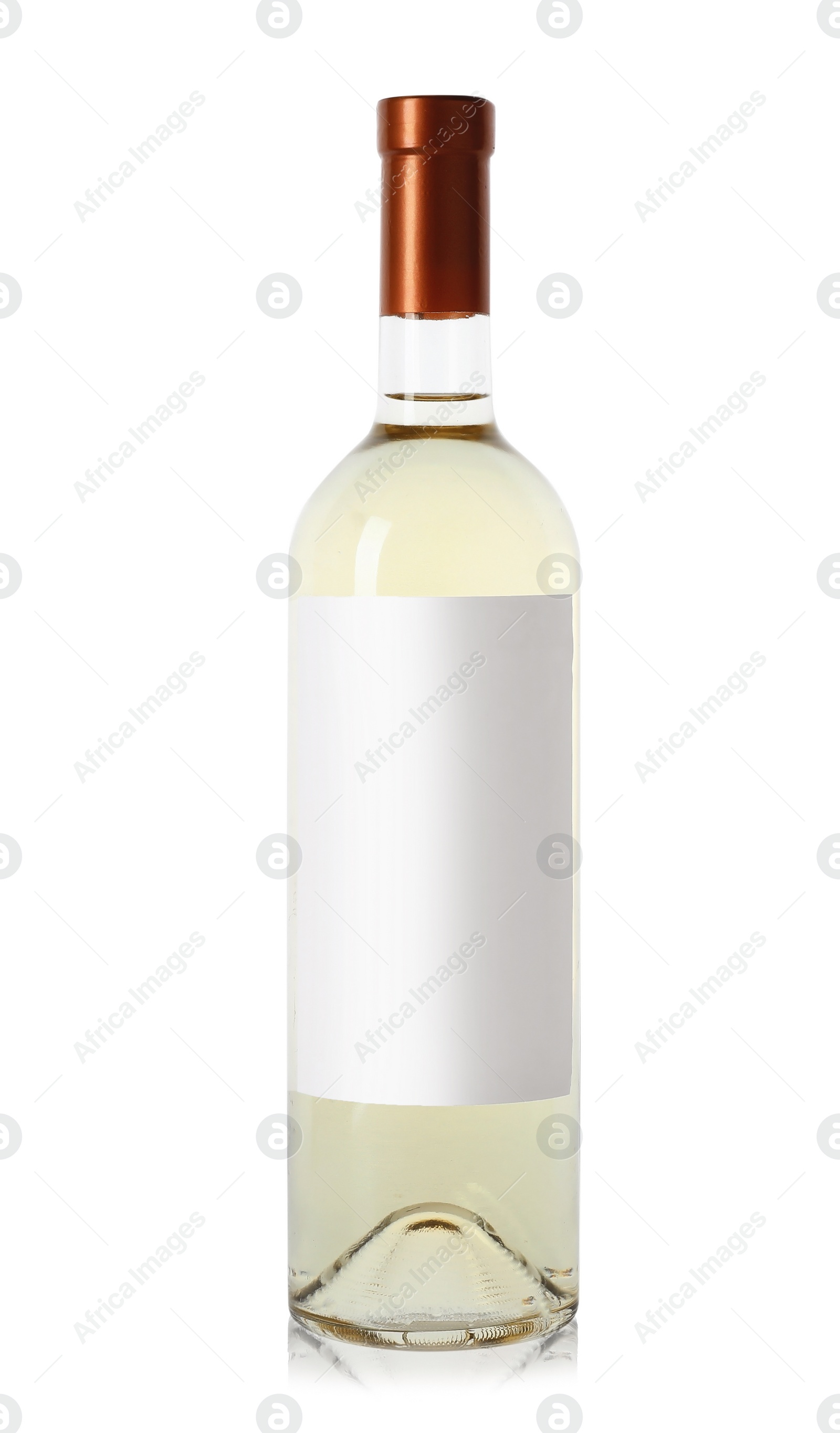 Photo of Bottle of delicious wine with blank label on white background