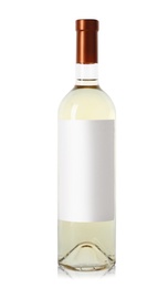 Bottle of delicious wine with blank label on white background