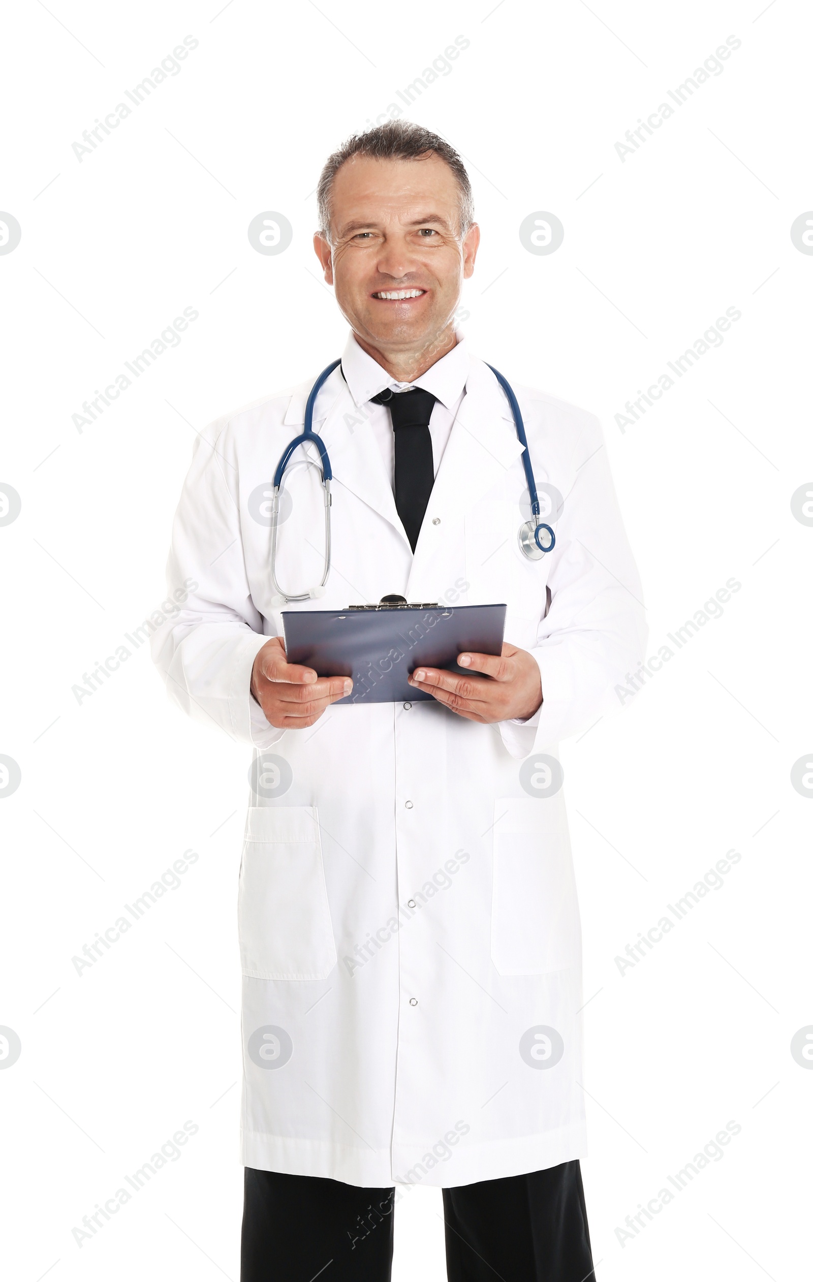 Photo of Portrait of experienced doctor in uniform on white background. Medical service