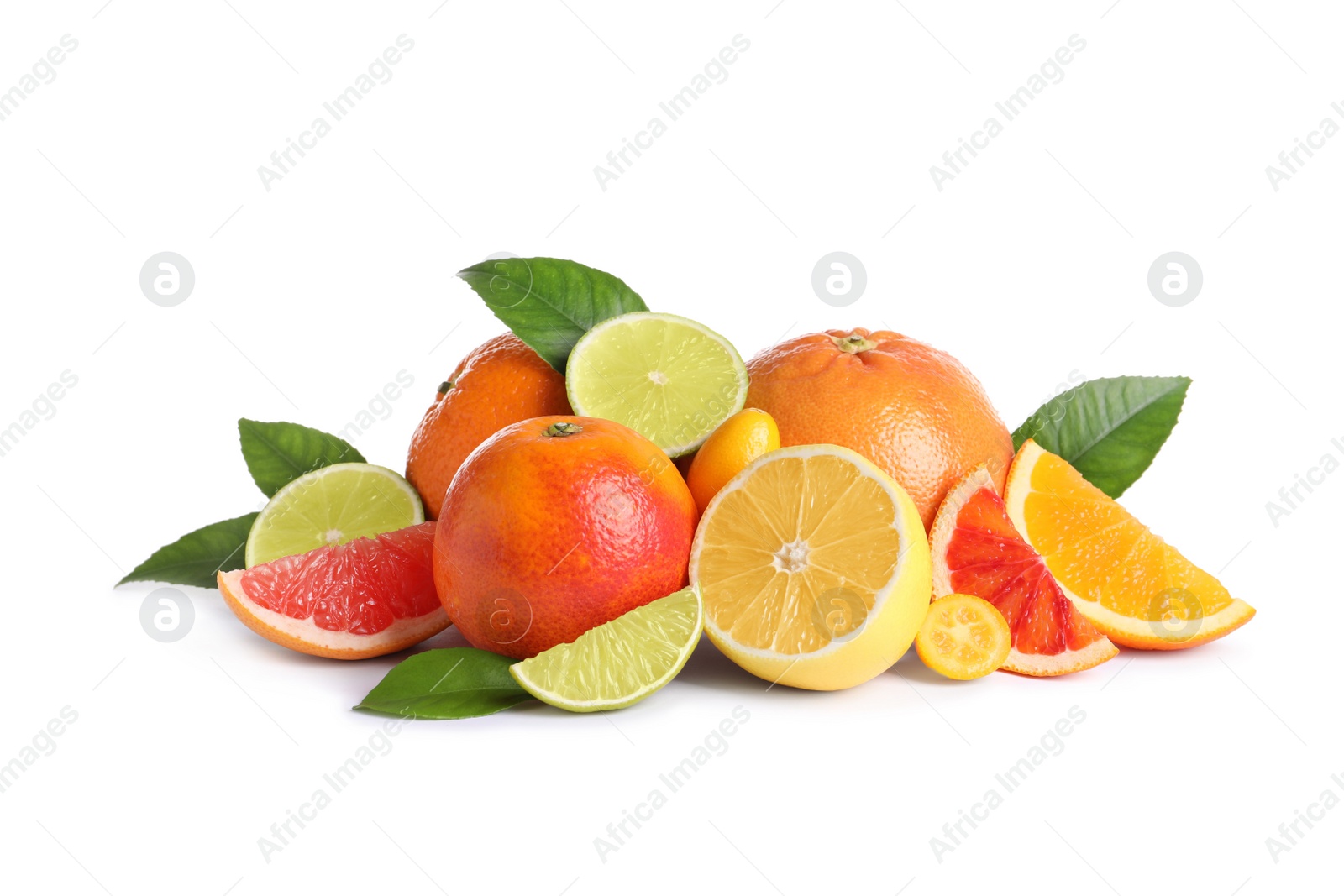 Photo of Fresh juicy citrus fruits with green leaves on white background