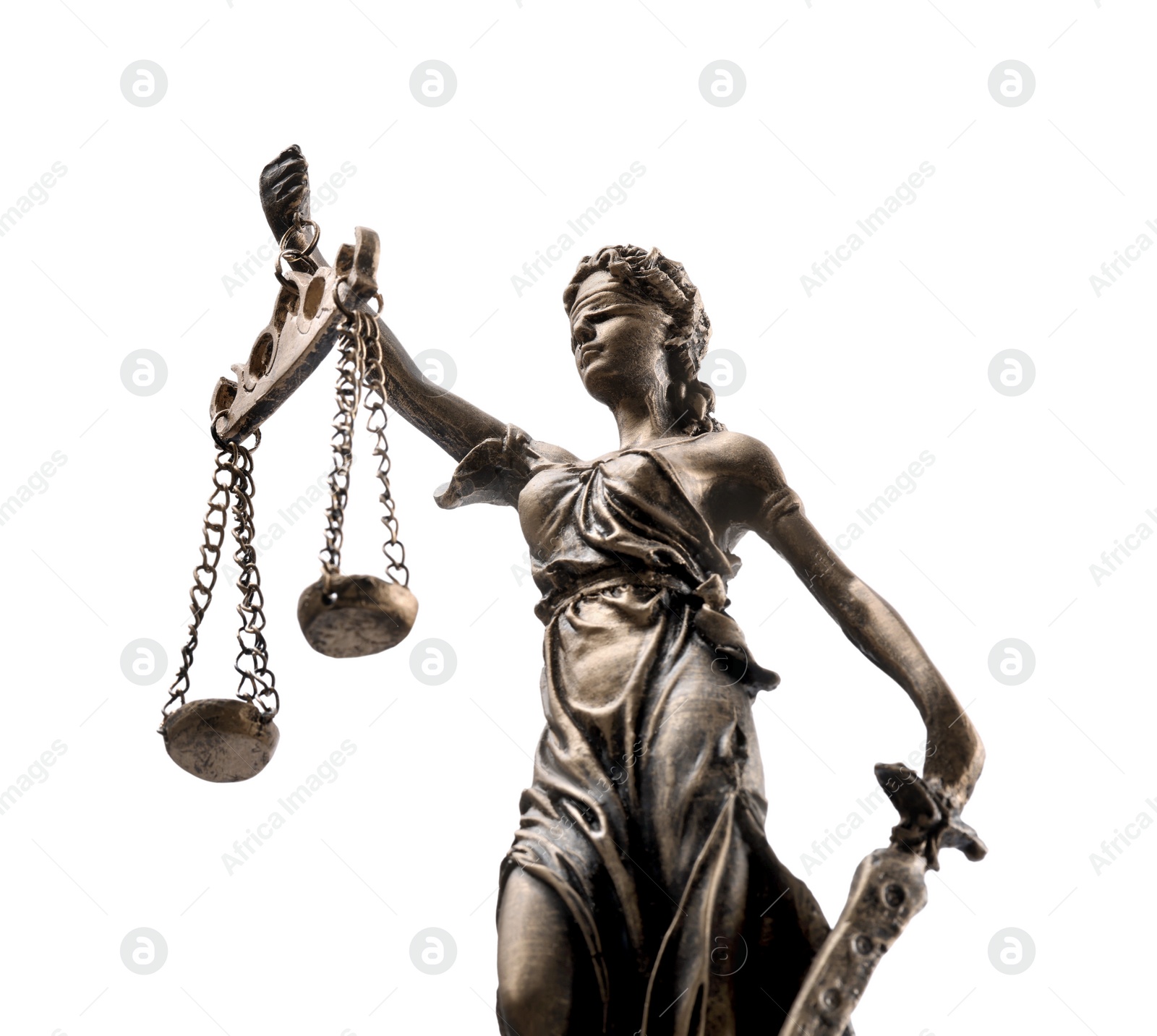 Photo of Statue of Lady Justice isolated on white, low angle view. Symbol of fair treatment under law