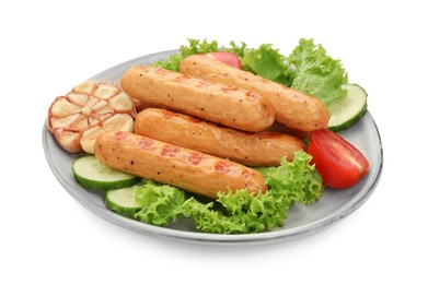 Photo of Plate with tasty grilled sausages, vegetables and lettuce isolated on white