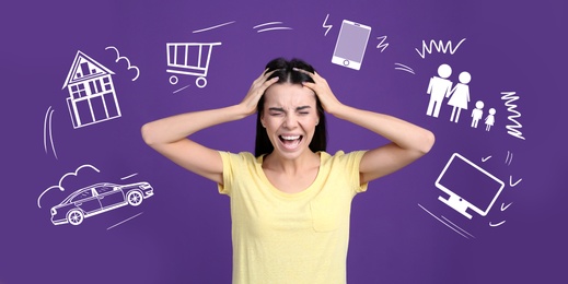 Image of Overwhelmed woman and illustration of different tasks around her on violet background. Banner design