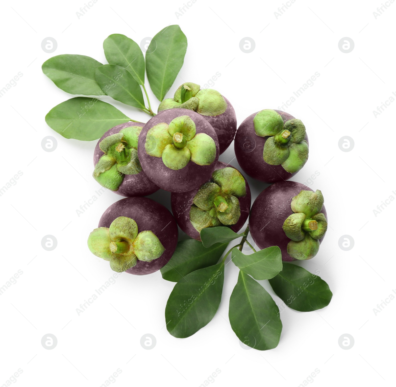 Photo of Fresh mangosteen fruits with green leaves on white background, top view