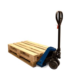 Modern manual forklift with wooden pallets on white background
