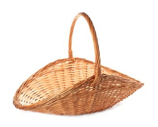 Photo of Wicker basket with handle isolated on white