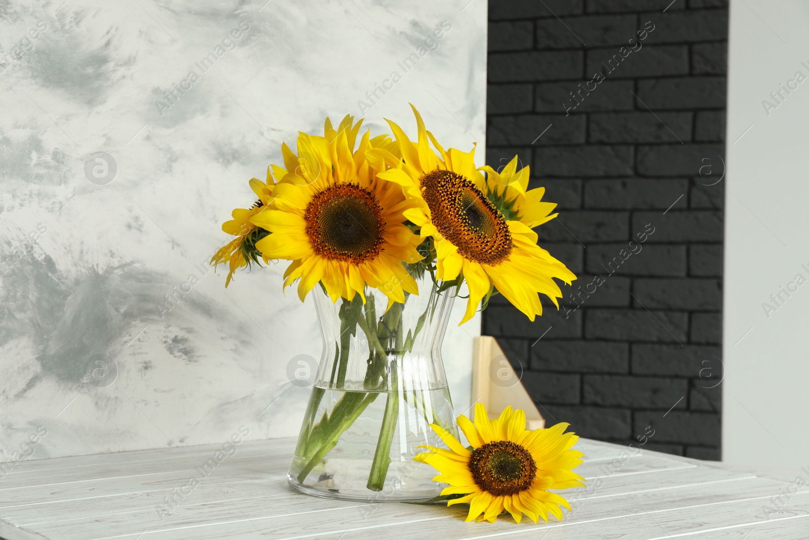 Photo of Glass vase with beautiful sunflowers and double-sided backdrop on table in photo studio