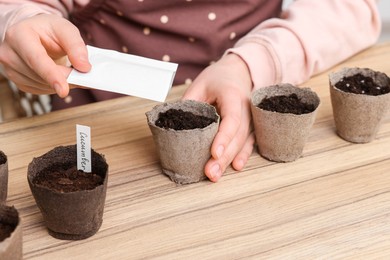 Woman planting vegetable seeds into peat pots with soil at wooden table, closeup