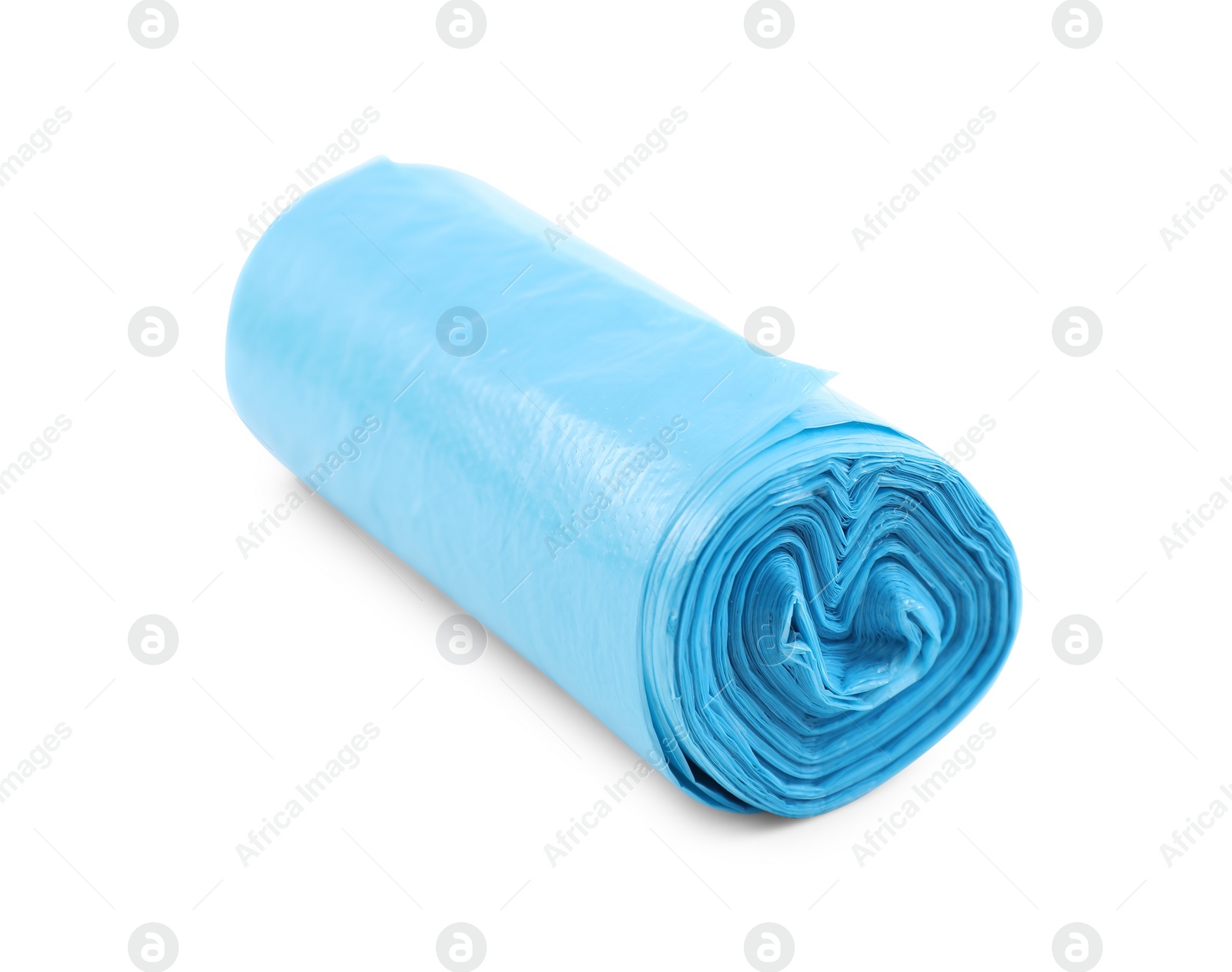 Photo of Roll of light blue garbage bags isolated on white