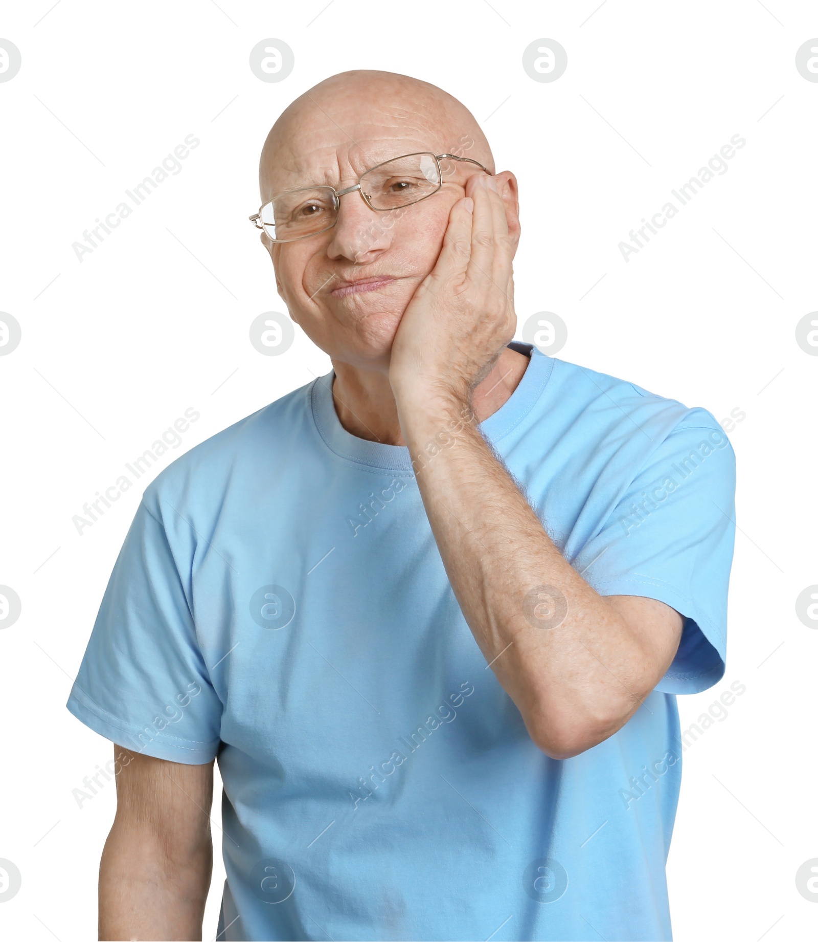 Photo of Elderly man suffering from pain on white background