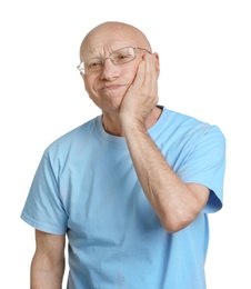 Photo of Elderly man suffering from pain on white background