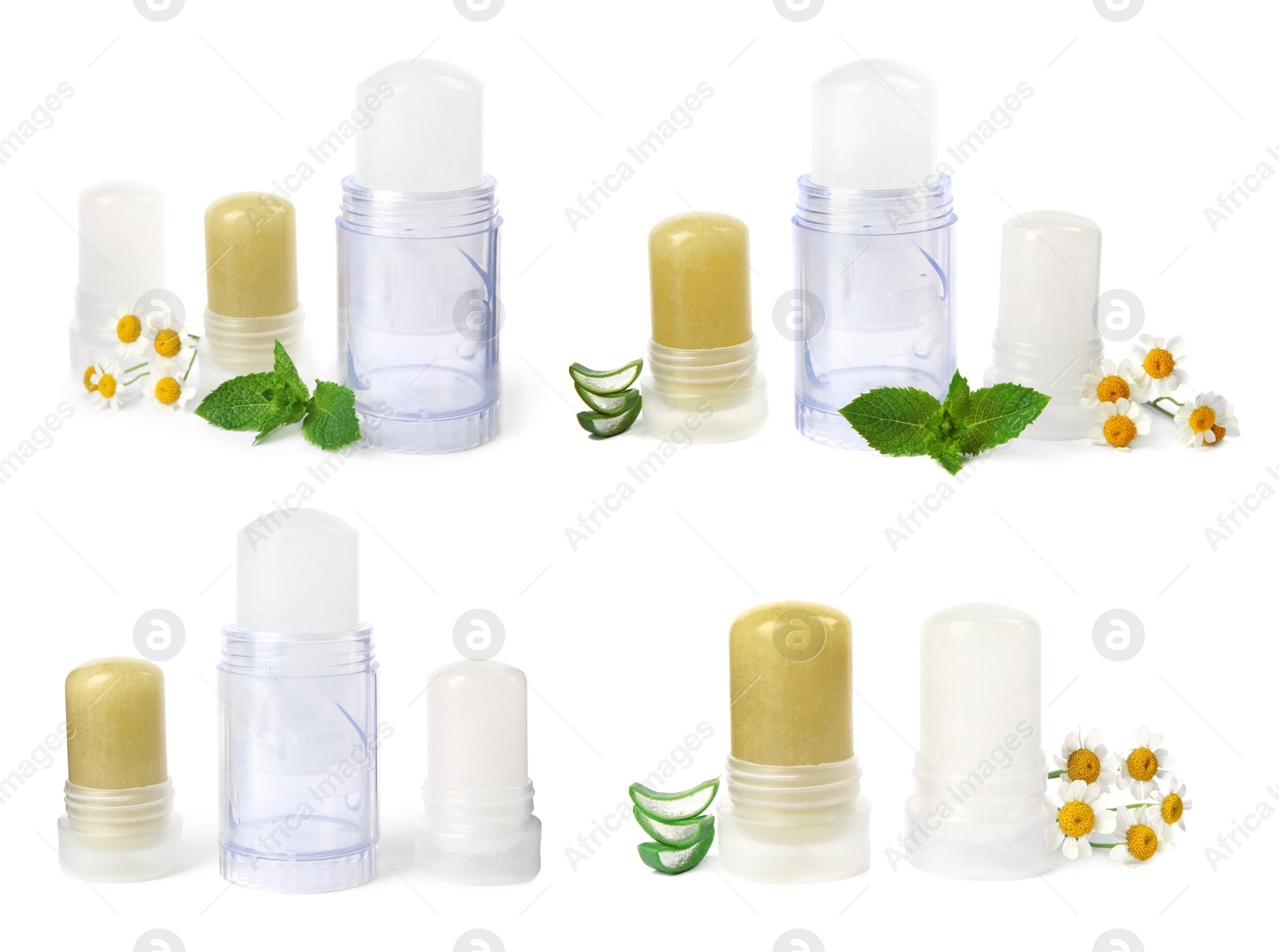 Image of Set with different natural crystal alum deodorants on white background