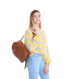 Photo of Teenage girl with backpack on white background