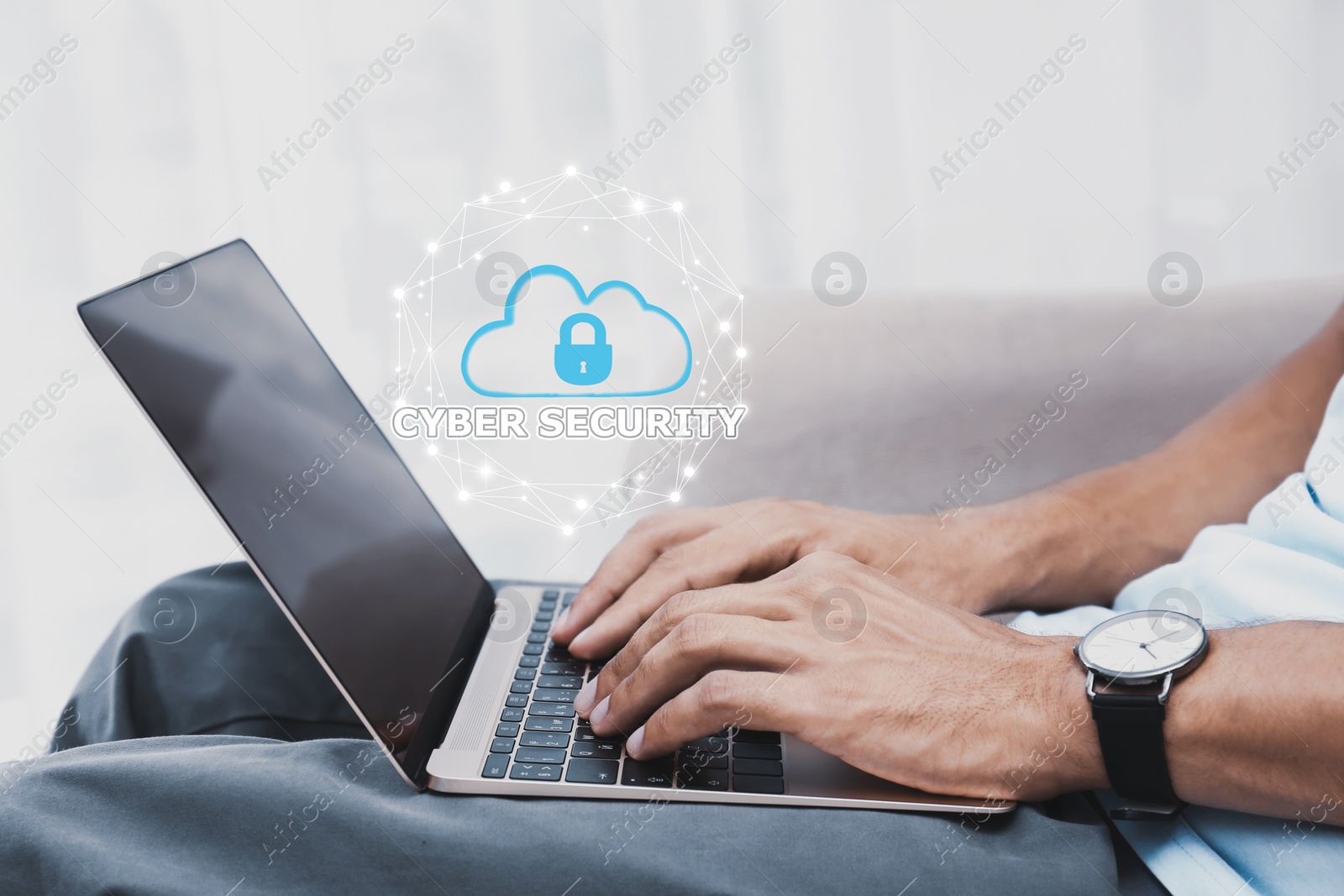 Image of Cyber security concept. Man using laptop, closeup. Cloud with padlock illustration over keyboard