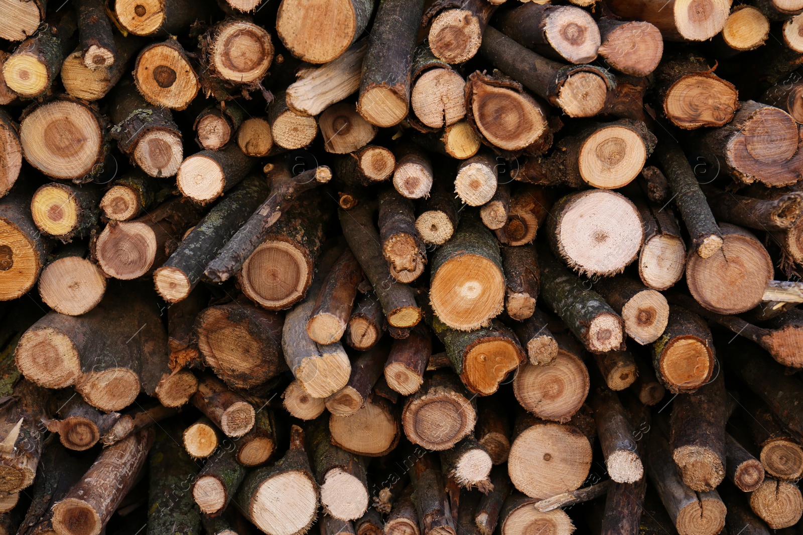 Photo of Stack of cut firewood as background, closeup view