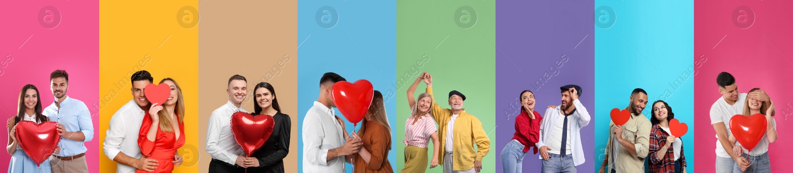 Image of Romantic date. Different lovely couples on color backgrounds, set of photos