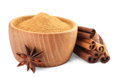 Dry aromatic cinnamon sticks, powder and anise star isolated on white