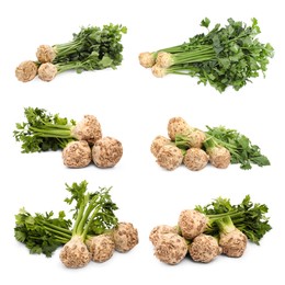 Image of Fresh celery roots isolated on white, collage design