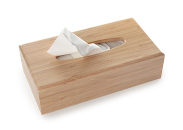 Photo of Wooden holder with paper napkins on white background