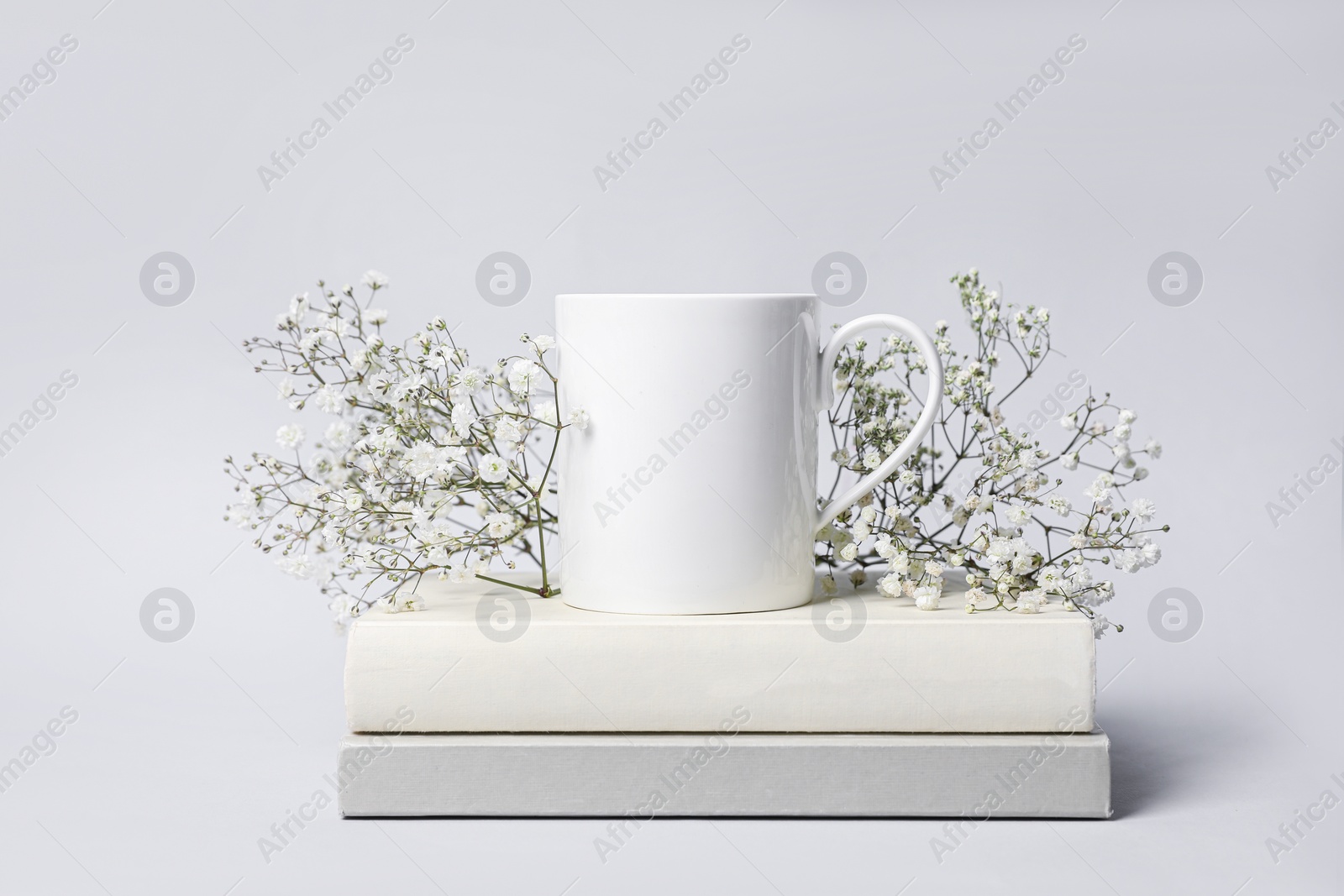 White ceramic mug, dry flowers and stack of books on light background Photo of White ceramic mug, dry flowers and stack of books on light background