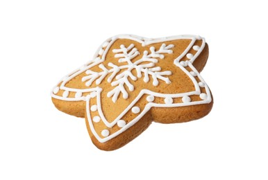 Photo of Tasty star shaped Christmas cookie with icing isolated on white