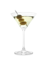 Photo of Glass of olive martini on white background