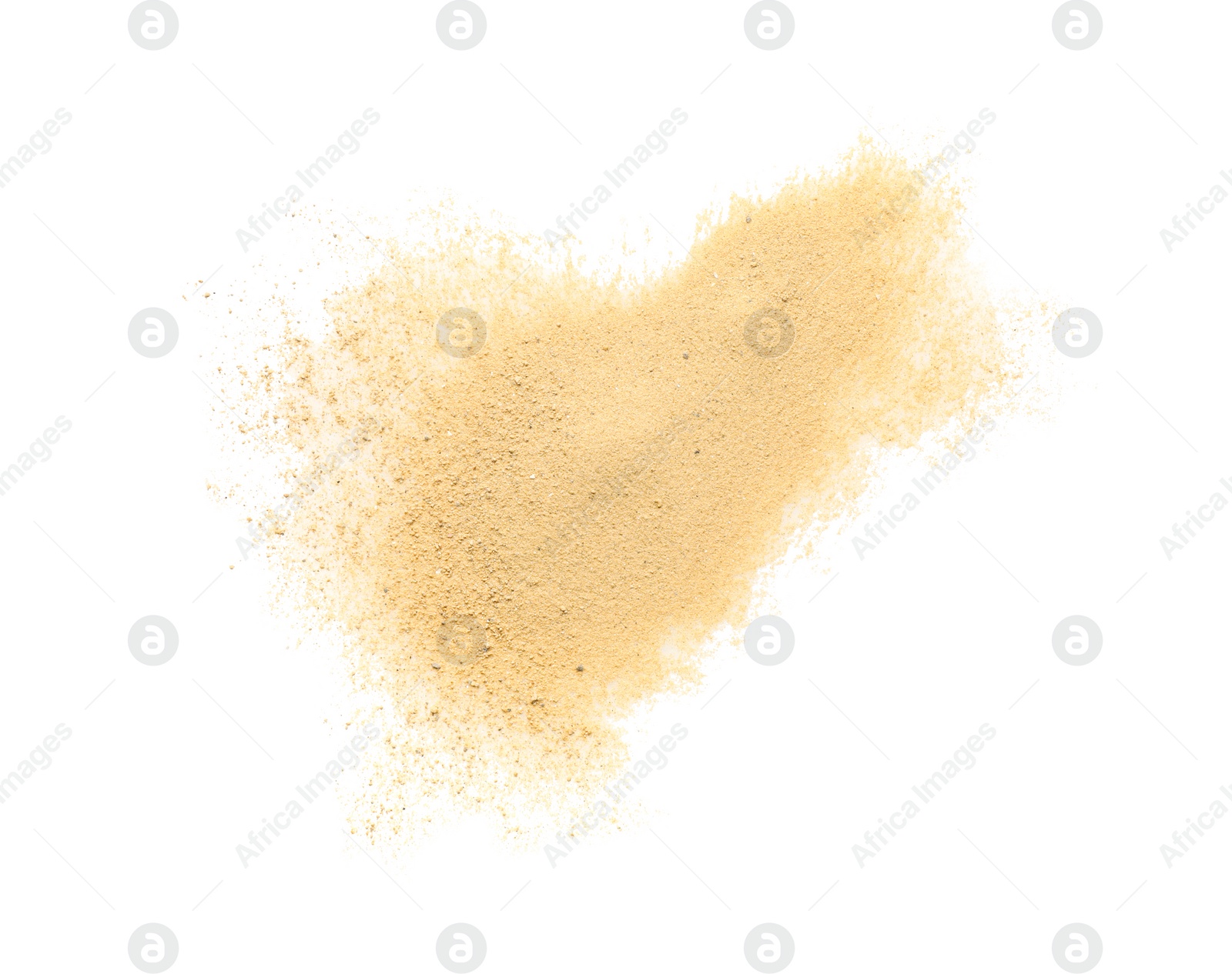 Photo of Pile of brown dust scattered on white background, top view