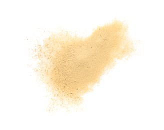 Photo of Pile of brown dust scattered on white background, top view