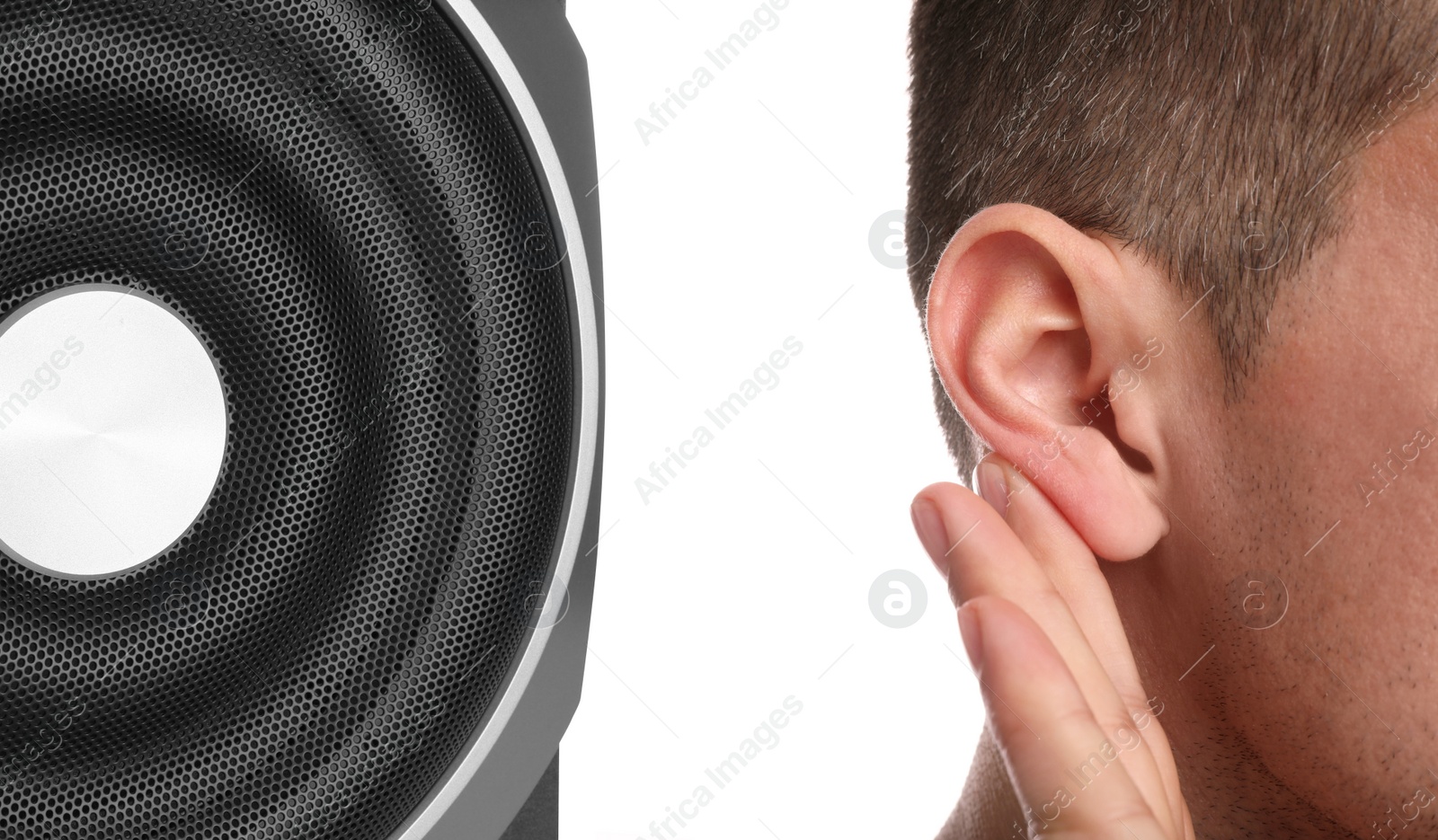 Image of Modern audio speaker and man on white background, closeup view of ear