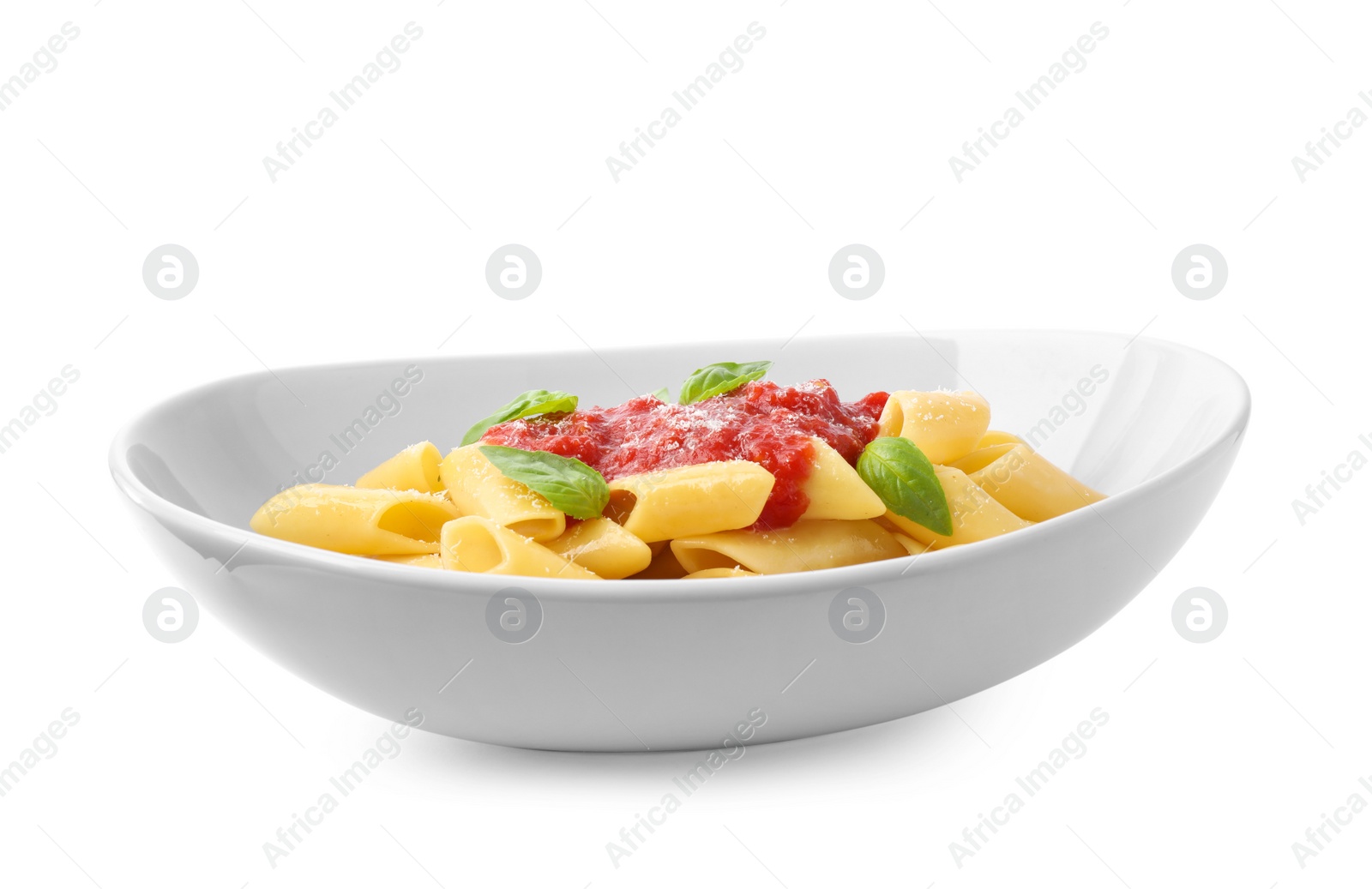 Photo of Tasty pasta with tomato sauce, basil and cheese isolated on white