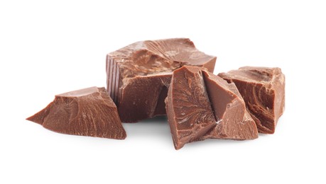 Photo of Pieces of tasty milk chocolate isolated on white