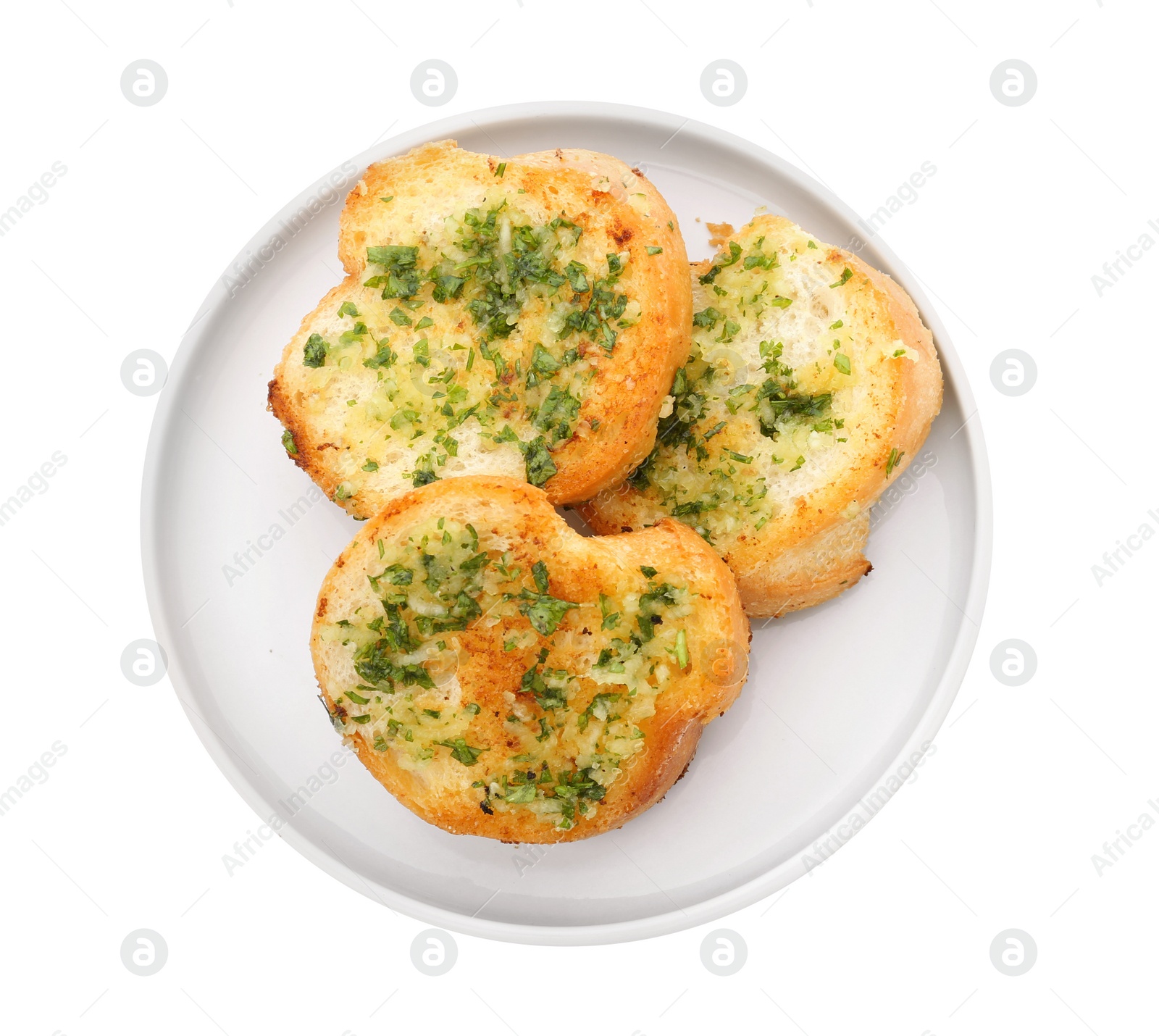 Photo of Slices of toasted bread with garlic and herbs on white background, top view