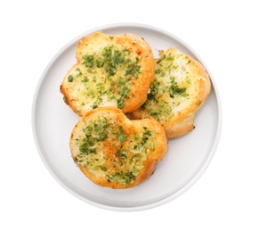 Photo of Slices of toasted bread with garlic and herbs on white background, top view