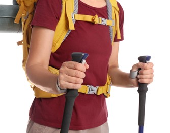 Female hiker with backpack and trekking poles on white background, closeup
